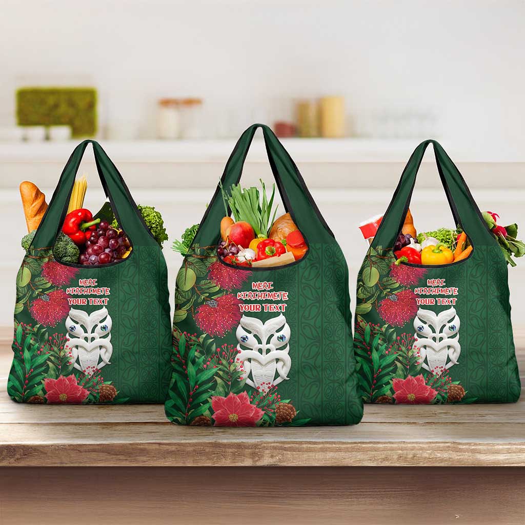 Maori Wheku Meri Kirihimete Personalised Grocery Bag All Green Indigenous Maori Motif LT9 3-pack One Size Green - Polynesian Pride