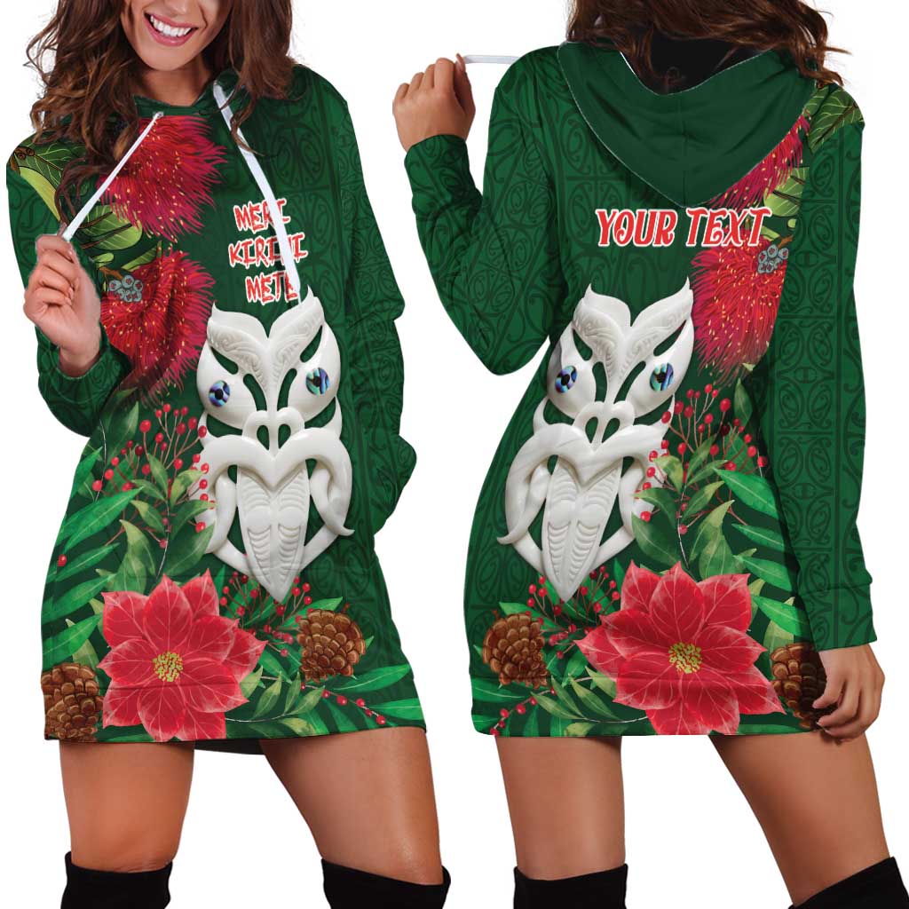 Maori Wheku Meri Kirihimete Personalised Hoodie Dress All Green Indigenous Maori Motif LT9 - Polynesian Pride