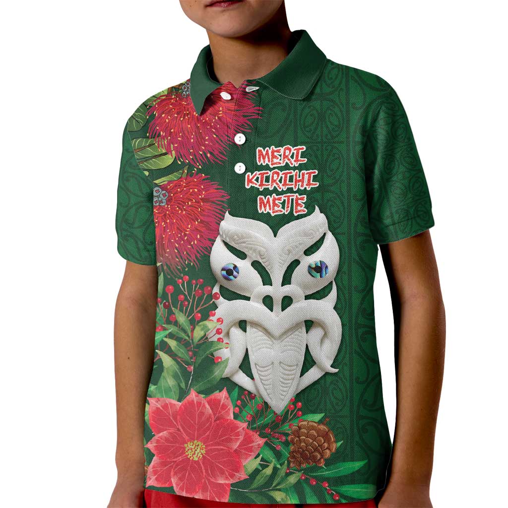 Maori Wheku Meri Kirihimete Personalised Kid Polo Shirt All Green Indigenous Maori Motif LT9 Kid Green - Polynesian Pride