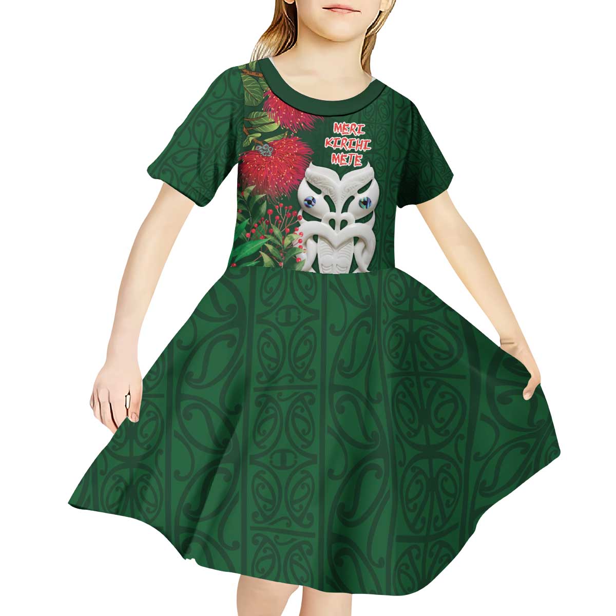 Maori Wheku Meri Kirihimete Personalised Kid Short Sleeve Dress All Green Indigenous Maori Motif LT9 - Polynesian Pride