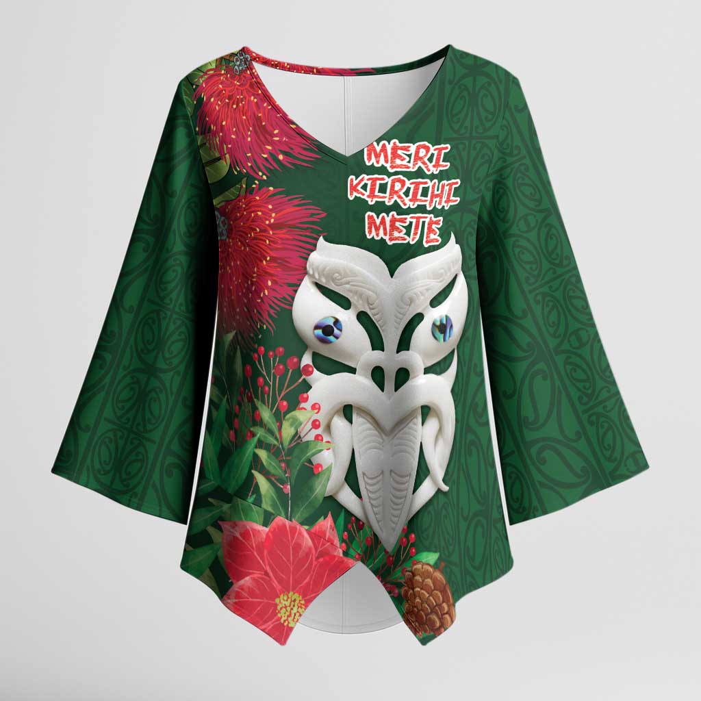 Maori Wheku Meri Kirihimete Personalised Kimono Sleeve Blouse All Green Indigenous Maori Motif LT9 Female Green - Polynesian Pride