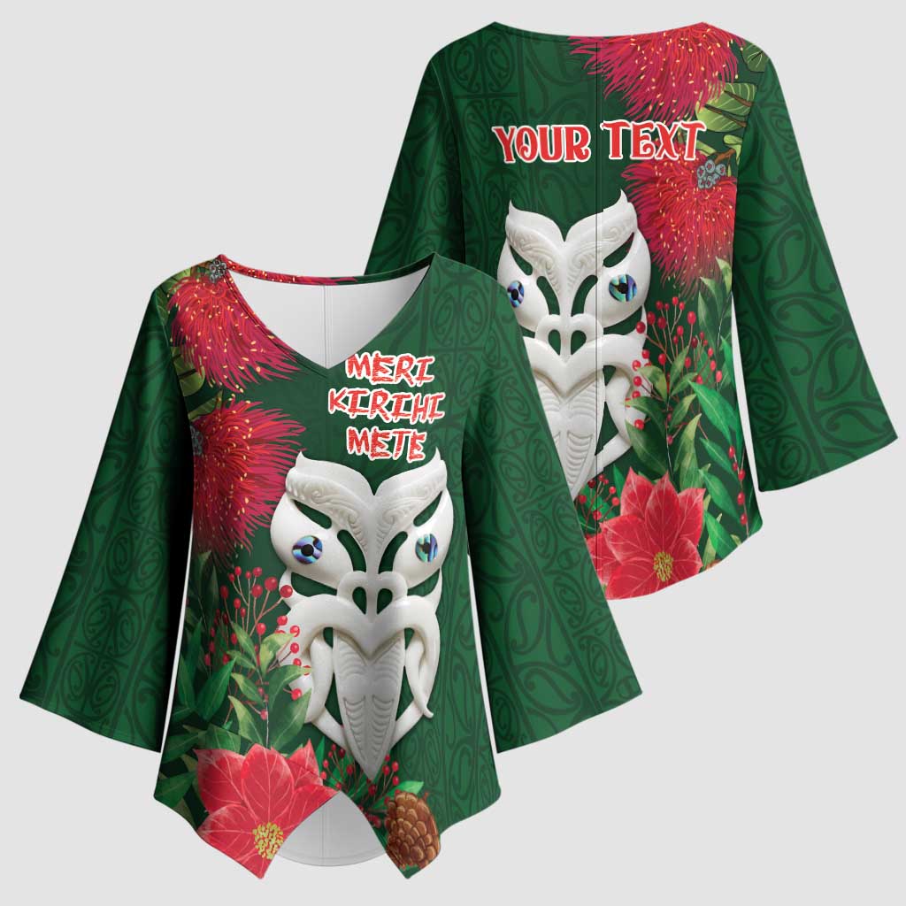 Maori Wheku Meri Kirihimete Personalised Kimono Sleeve Blouse All Green Indigenous Maori Motif LT9 - Polynesian Pride