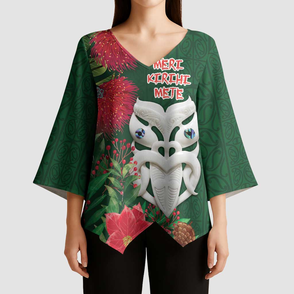 Maori Wheku Meri Kirihimete Personalised Kimono Sleeve Blouse All Green Indigenous Maori Motif LT9 - Polynesian Pride