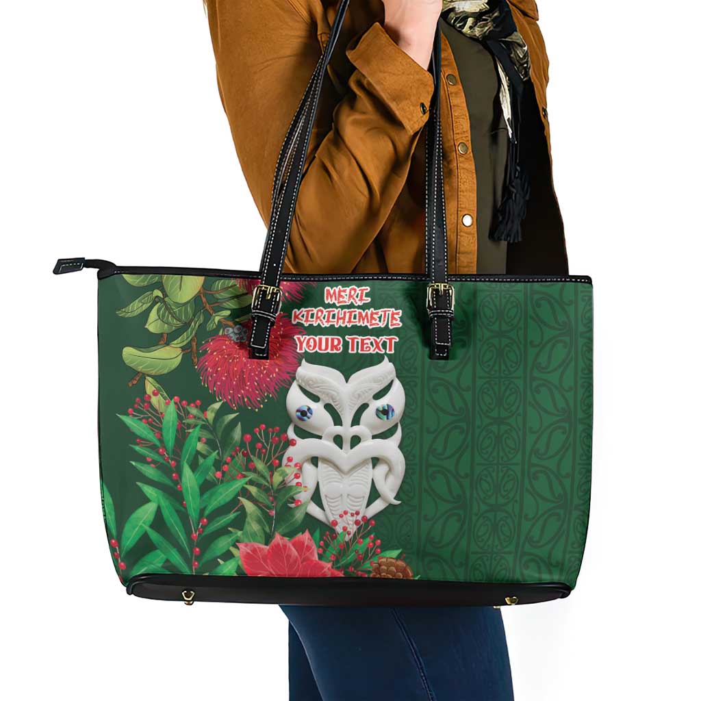 Maori Wheku Meri Kirihimete Personalised Leather Tote Bag All Green Indigenous Maori Motif LT9 - Polynesian Pride