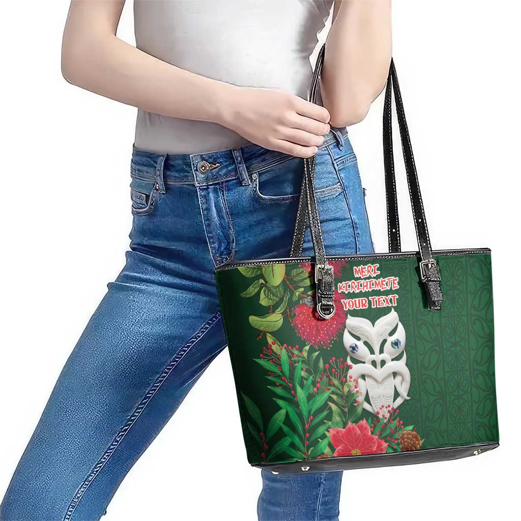 Maori Wheku Meri Kirihimete Personalised Leather Tote Bag All Green Indigenous Maori Motif LT9 - Polynesian Pride