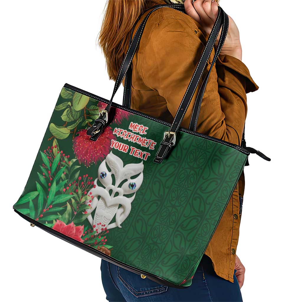 Maori Wheku Meri Kirihimete Personalised Leather Tote Bag All Green Indigenous Maori Motif LT9 - Polynesian Pride