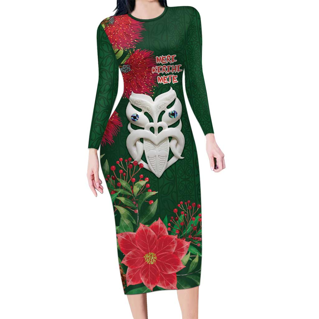 Maori Wheku Meri Kirihimete Personalised Long Sleeve Bodycon Dress All Green Indigenous Maori Motif LT9 Long Dress Green - Polynesian Pride