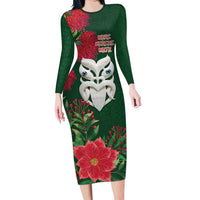 Maori Wheku Meri Kirihimete Personalised Long Sleeve Bodycon Dress All Green Indigenous Maori Motif LT9 Long Dress Green - Polynesian Pride