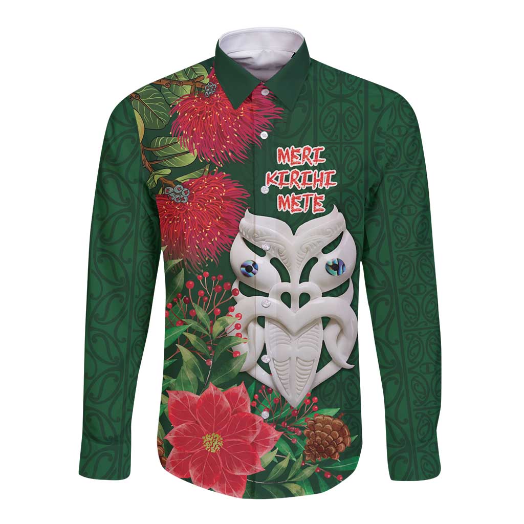 Maori Wheku Meri Kirihimete Personalised Long Sleeve Button Shirt All Green Indigenous Maori Motif LT9 Unisex Green - Polynesian Pride