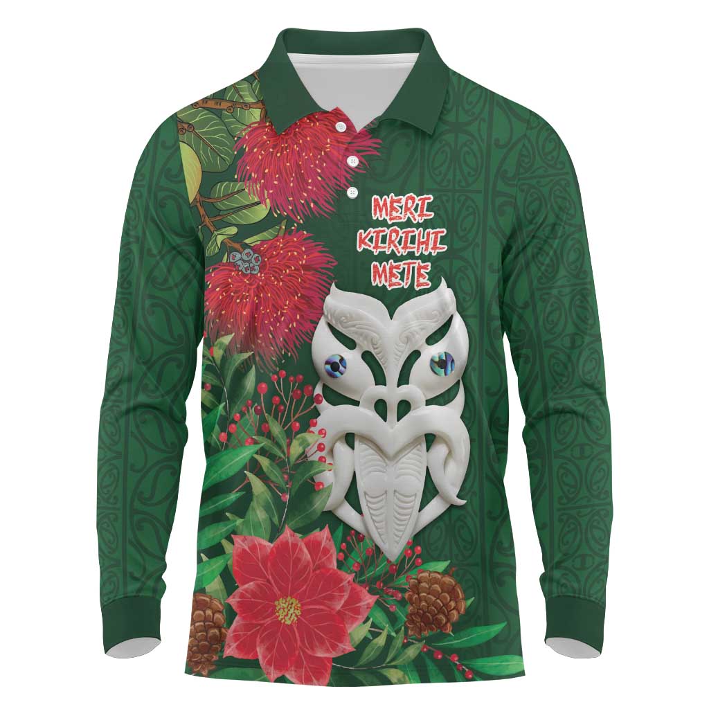 Maori Wheku Meri Kirihimete Personalised Long Sleeve Polo Shirt All Green Indigenous Maori Motif - Polynesian Pride