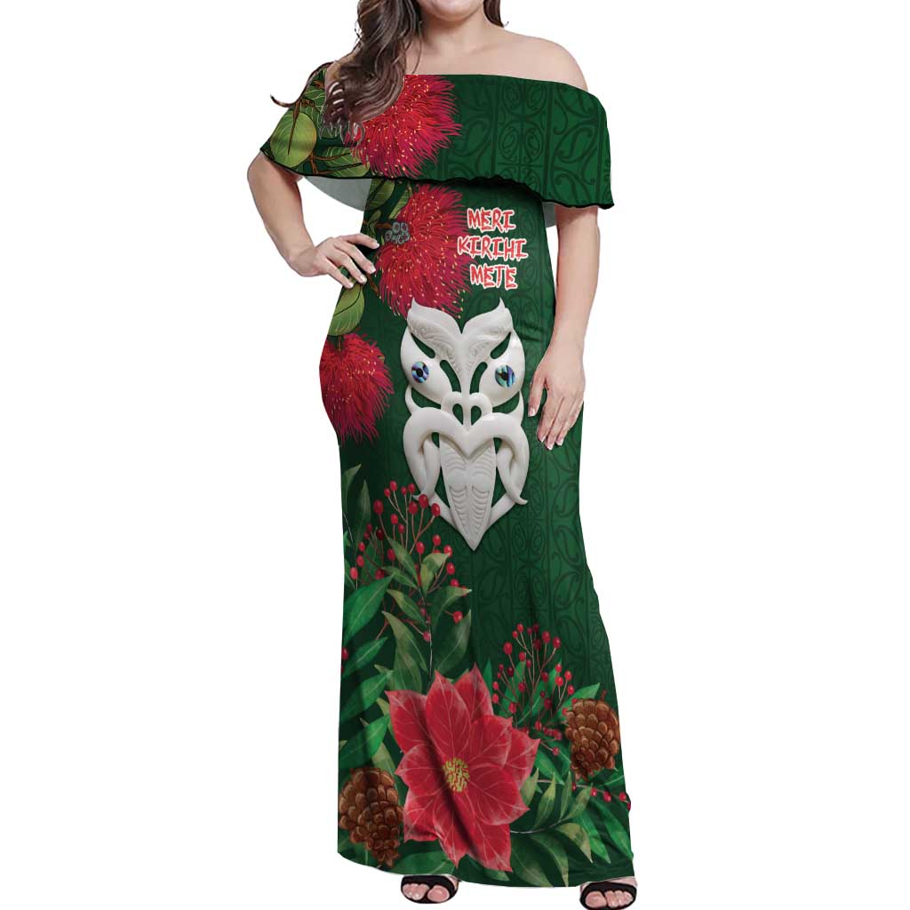 Maori Wheku Meri Kirihimete Personalised Off Shoulder Maxi Dress All Green Indigenous Maori Motif LT9 Women Green - Polynesian Pride