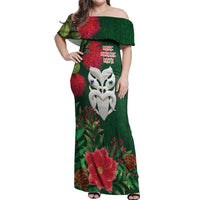 Maori Wheku Meri Kirihimete Personalised Off Shoulder Maxi Dress All Green Indigenous Maori Motif LT9 Women Green - Polynesian Pride