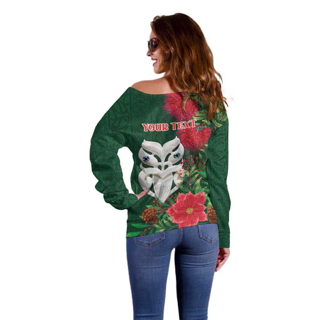 Maori Wheku Meri Kirihimete Personalised Off Shoulder Sweater All Green Indigenous Maori Motif LT9 - Polynesian Pride