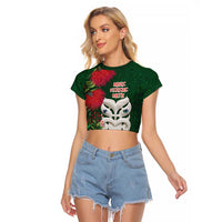 Maori Wheku Meri Kirihimete Personalised Raglan Cropped T Shirt All Green Indigenous Maori Motif LT9 Female Green - Polynesian Pride