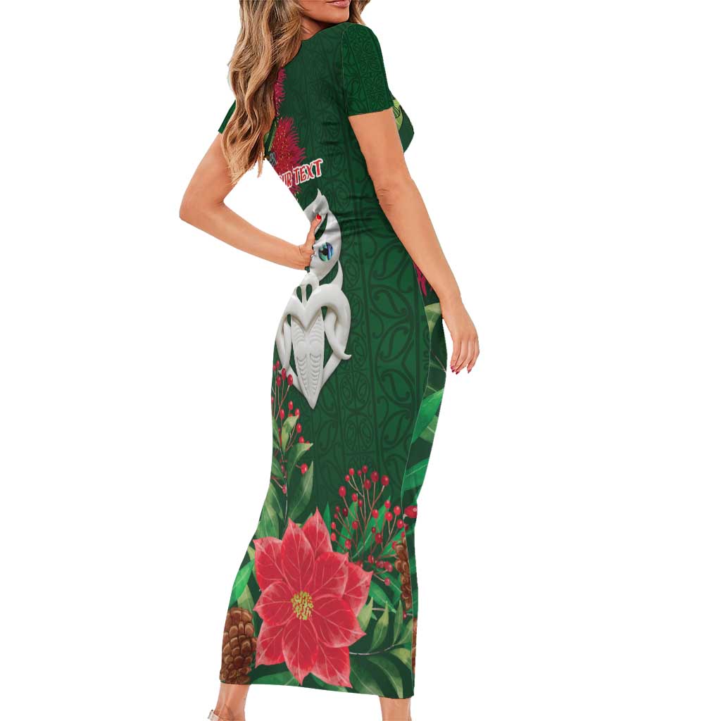 Maori Wheku Meri Kirihimete Personalised Short Sleeve Bodycon Dress All Green Indigenous Maori Motif LT9 - Polynesian Pride