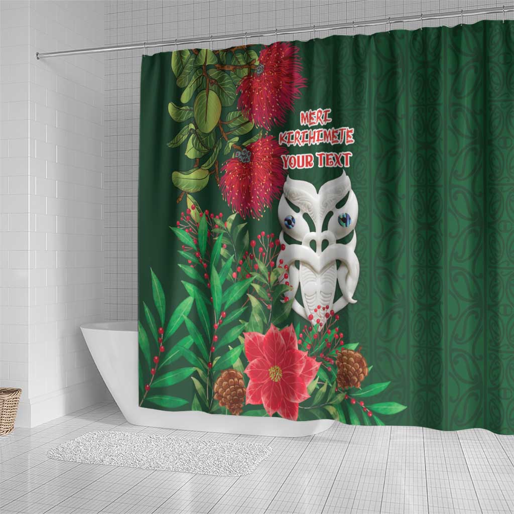 Maori Wheku Meri Kirihimete Personalised Shower Curtain All Green Indigenous Maori Motif LT9 - Polynesian Pride