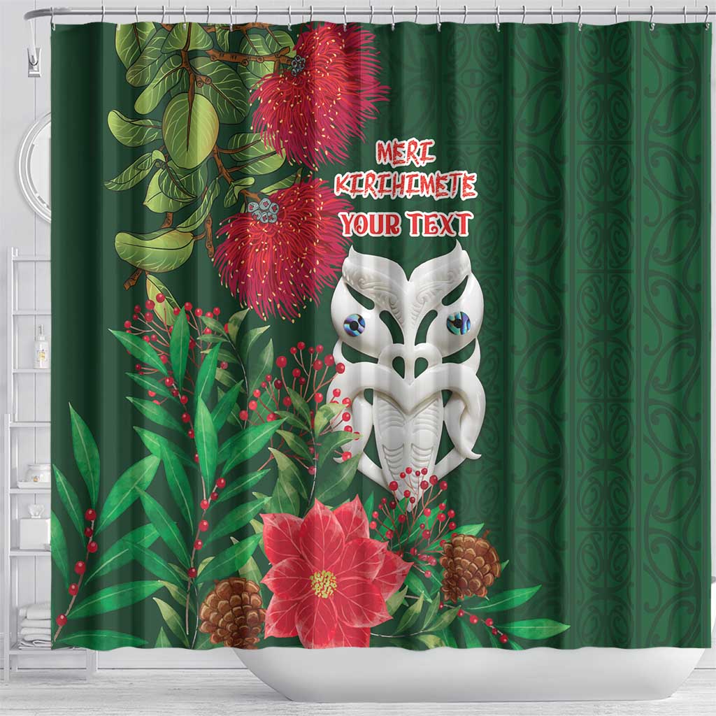 Maori Wheku Meri Kirihimete Personalised Shower Curtain All Green Indigenous Maori Motif LT9 - Polynesian Pride