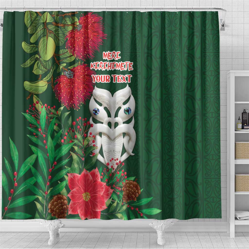 Maori Wheku Meri Kirihimete Personalised Shower Curtain All Green Indigenous Maori Motif LT9 - Polynesian Pride