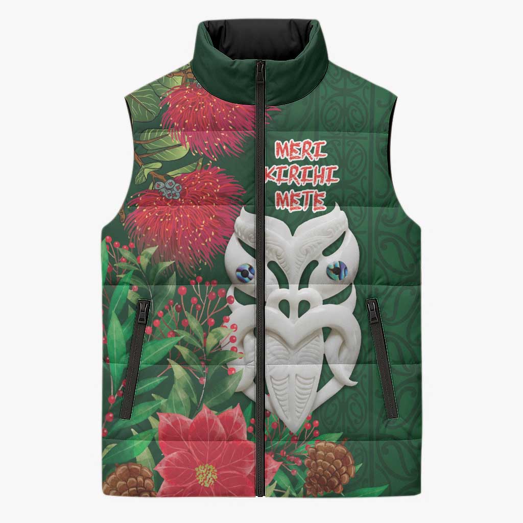 Maori Wheku Meri Kirihimete Personalised Sleeveless Puffer Jacket All Green Indigenous Maori Motif LT9 Unisex Green - Polynesian Pride