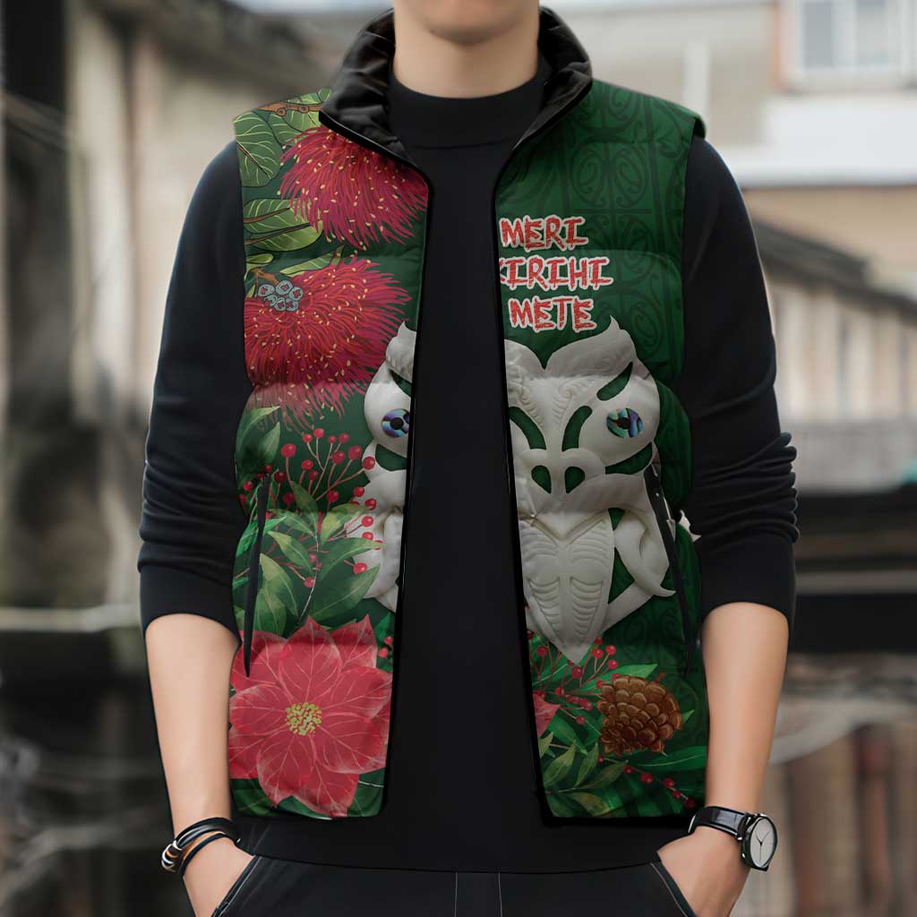 Maori Wheku Meri Kirihimete Personalised Sleeveless Puffer Jacket All Green Indigenous Maori Motif LT9 - Polynesian Pride
