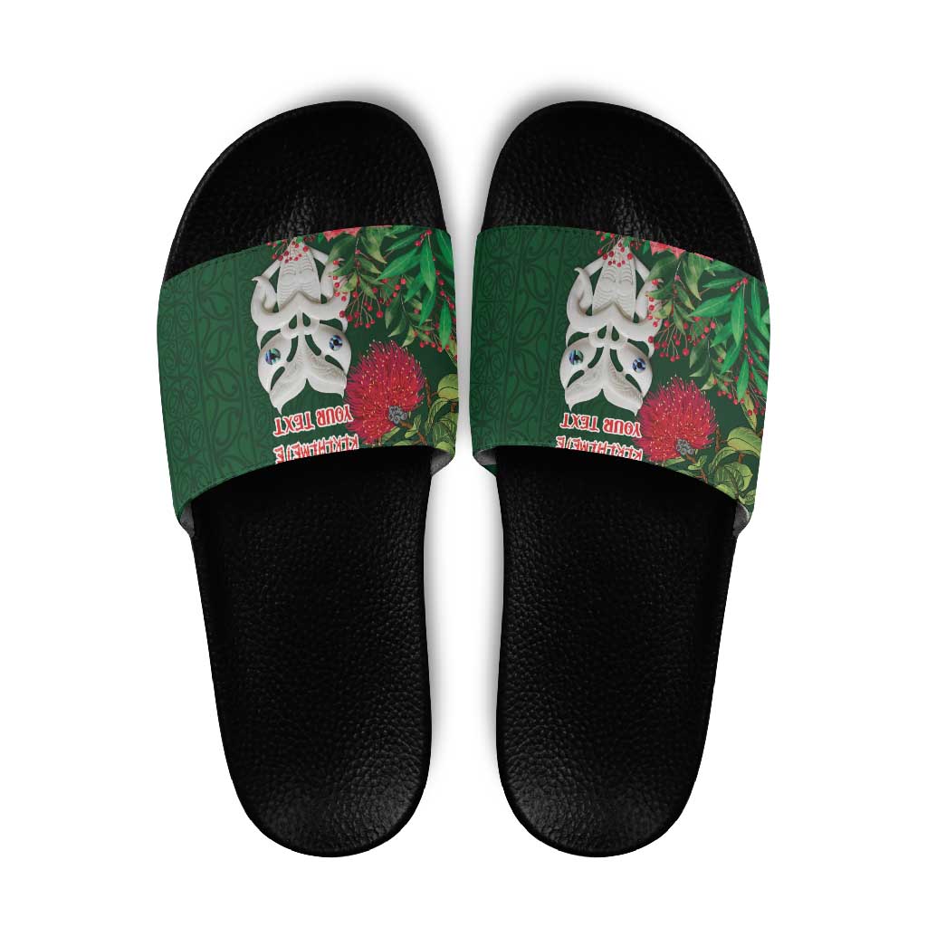 Maori Wheku Meri Kirihimete Personalised Slide Sandals All Green Indigenous Maori Motif LT9 Green - Polynesian Pride
