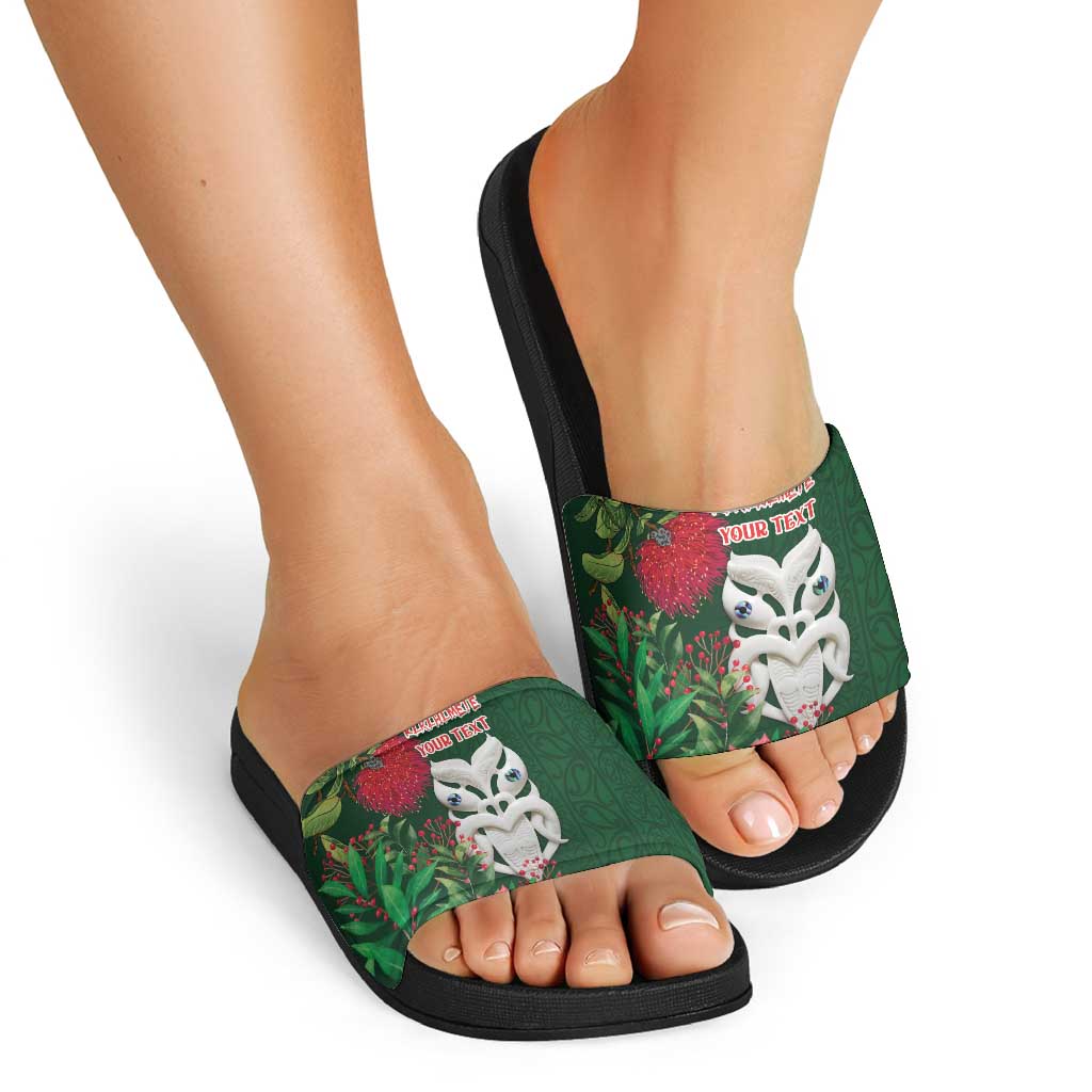 Maori Wheku Meri Kirihimete Personalised Slide Sandals All Green Indigenous Maori Motif LT9 - Polynesian Pride