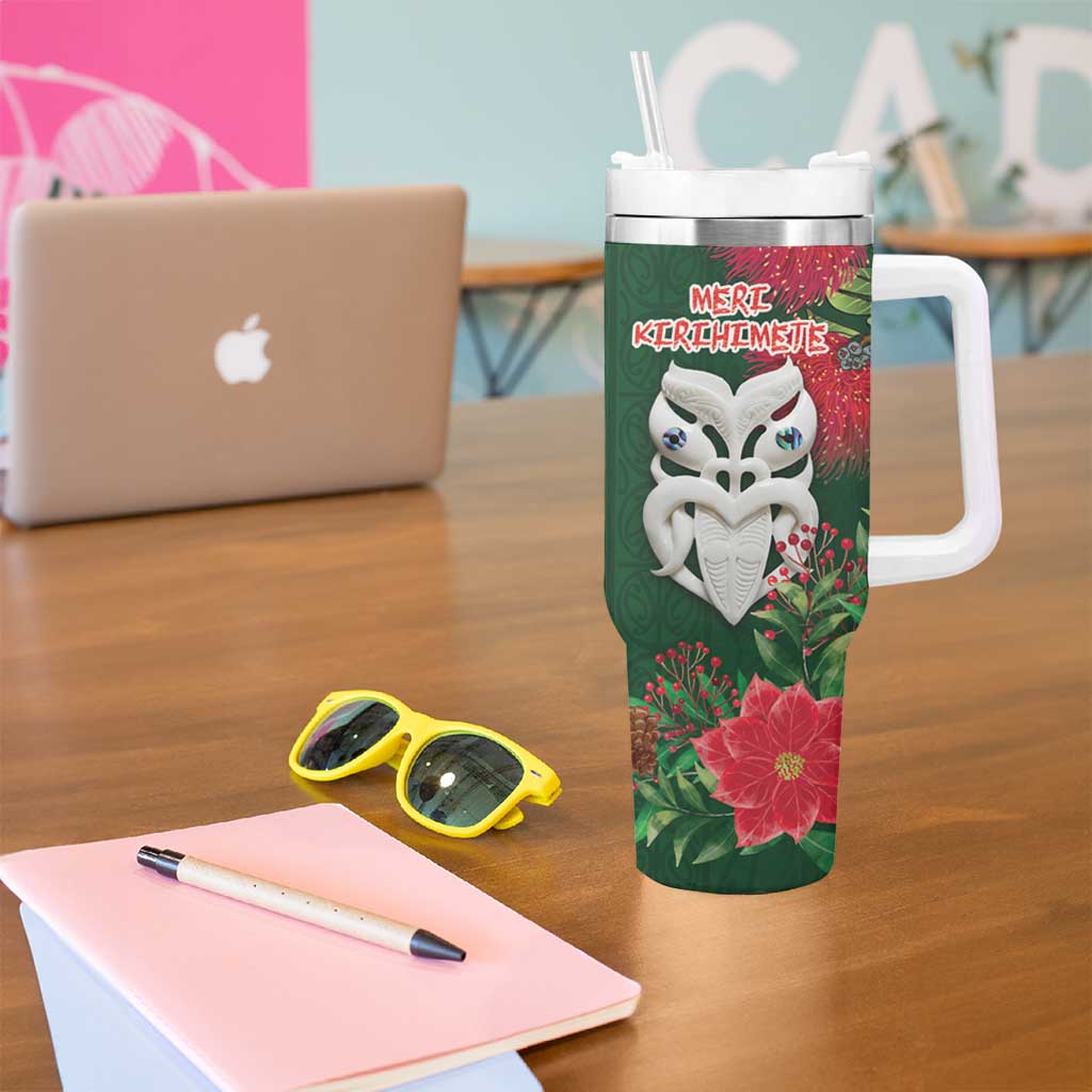 Maori Wheku Meri Kirihimete Personalised Tumbler With Handle All Green Indigenous Maori Motif LT9 - Polynesian Pride
