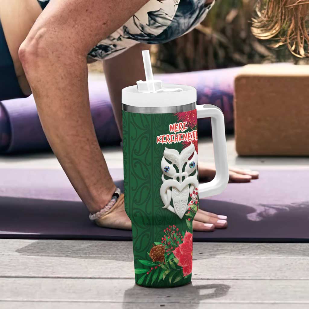 Maori Wheku Meri Kirihimete Personalised Tumbler With Handle All Green Indigenous Maori Motif LT9 - Polynesian Pride