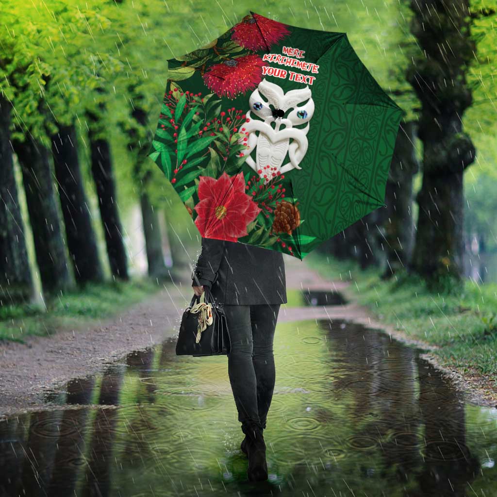 Maori Wheku Meri Kirihimete Personalised Umbrella All Green Indigenous Maori Motif - Polynesian Pride