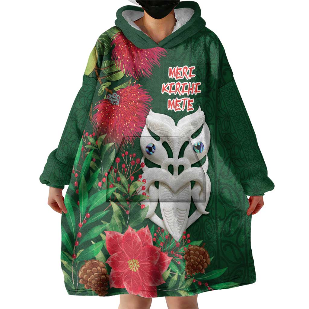 Maori Wheku Meri Kirihimete Personalised Wearable Blanket Hoodie All Green Indigenous Maori Motif LT9 - Polynesian Pride
