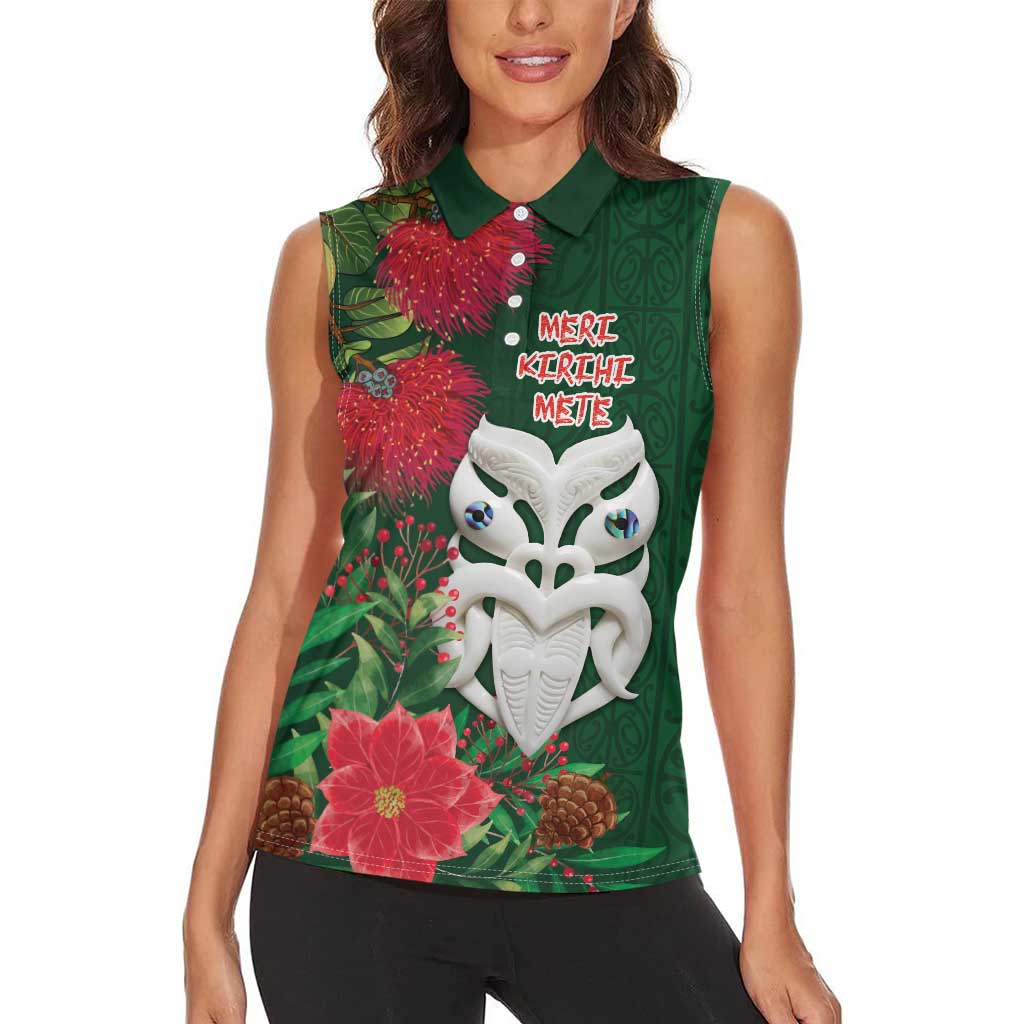 Maori Wheku Meri Kirihimete Personalised Women Sleeveless Polo Shirt All Green Indigenous Maori Motif - Polynesian Pride