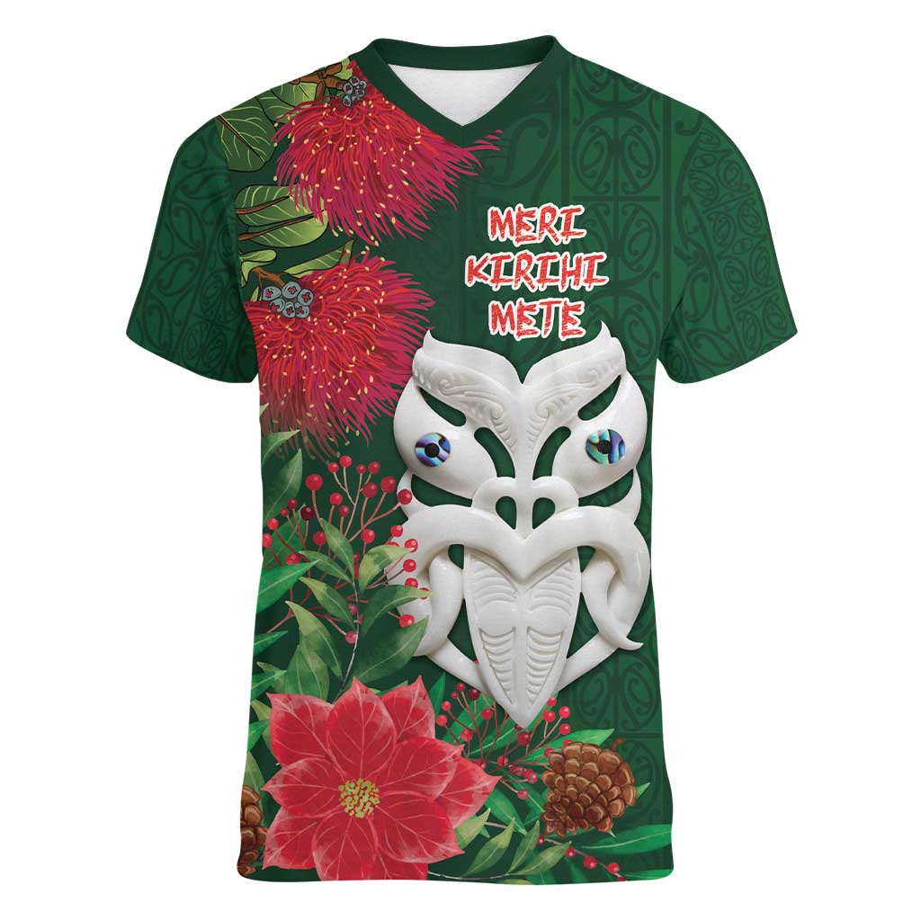 Maori Wheku Meri Kirihimete Personalised Women V-Neck T-Shirt All Green Indigenous Maori Motif LT9 Female Green - Polynesian Pride