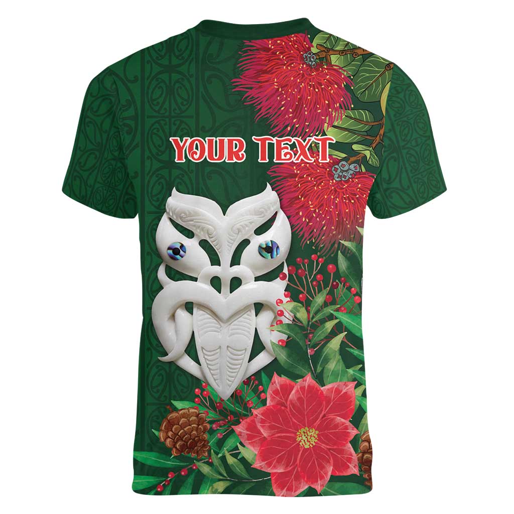 Maori Wheku Meri Kirihimete Personalised Women V-Neck T-Shirt All Green Indigenous Maori Motif LT9 - Polynesian Pride