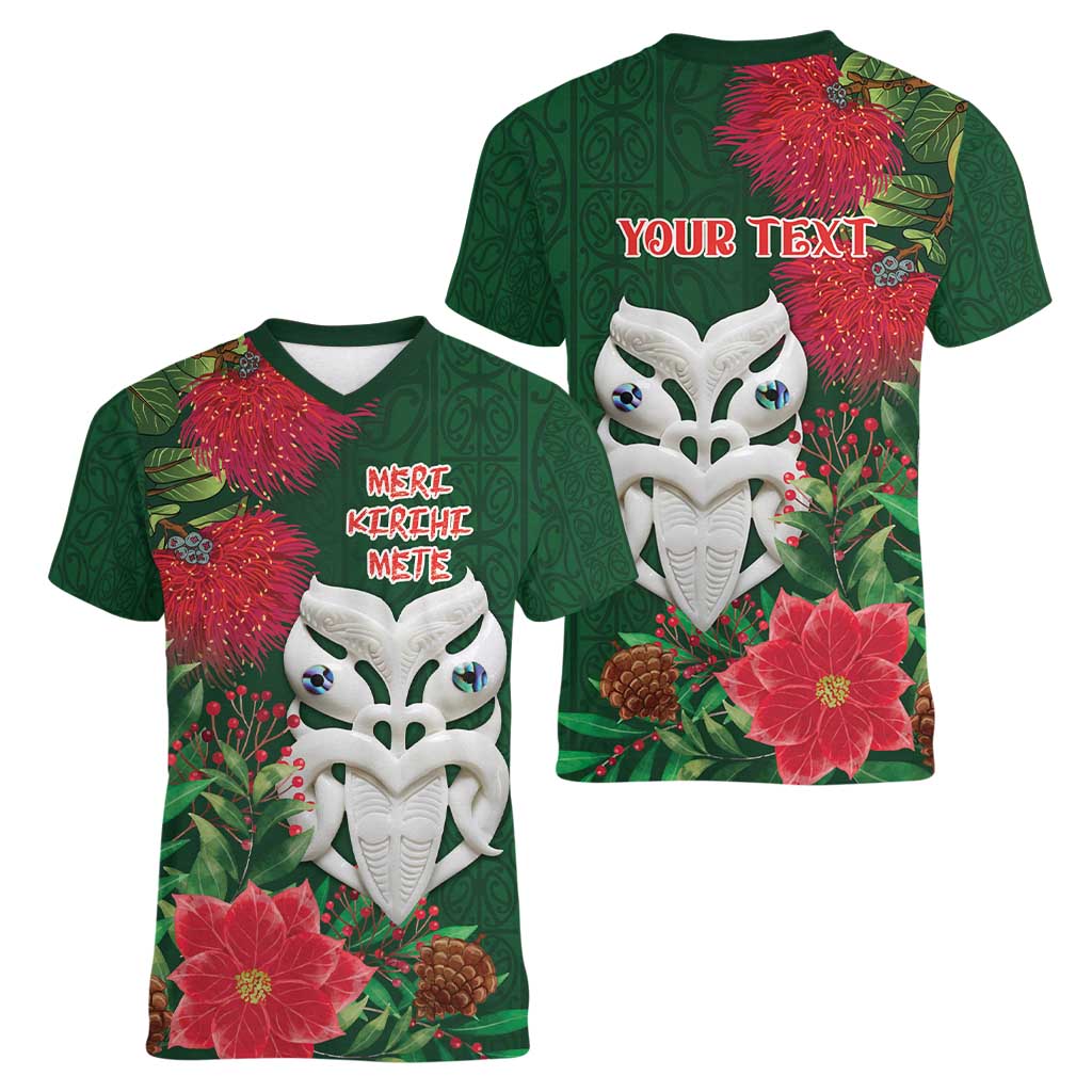 Maori Wheku Meri Kirihimete Personalised Women V-Neck T-Shirt All Green Indigenous Maori Motif LT9 - Polynesian Pride