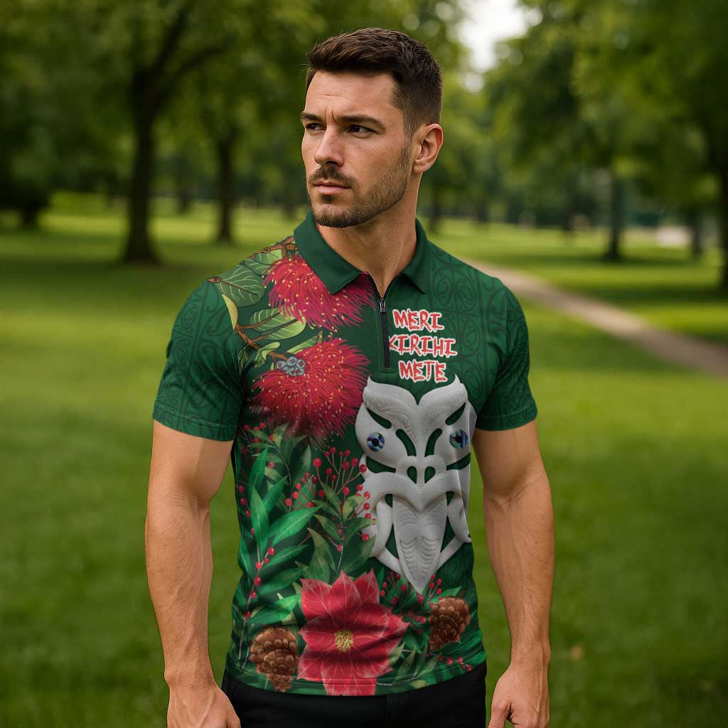 Maori Wheku Meri Kirihimete Personalised Zipper Polo Shirt All Green Indigenous Maori Motif - Polynesian Pride