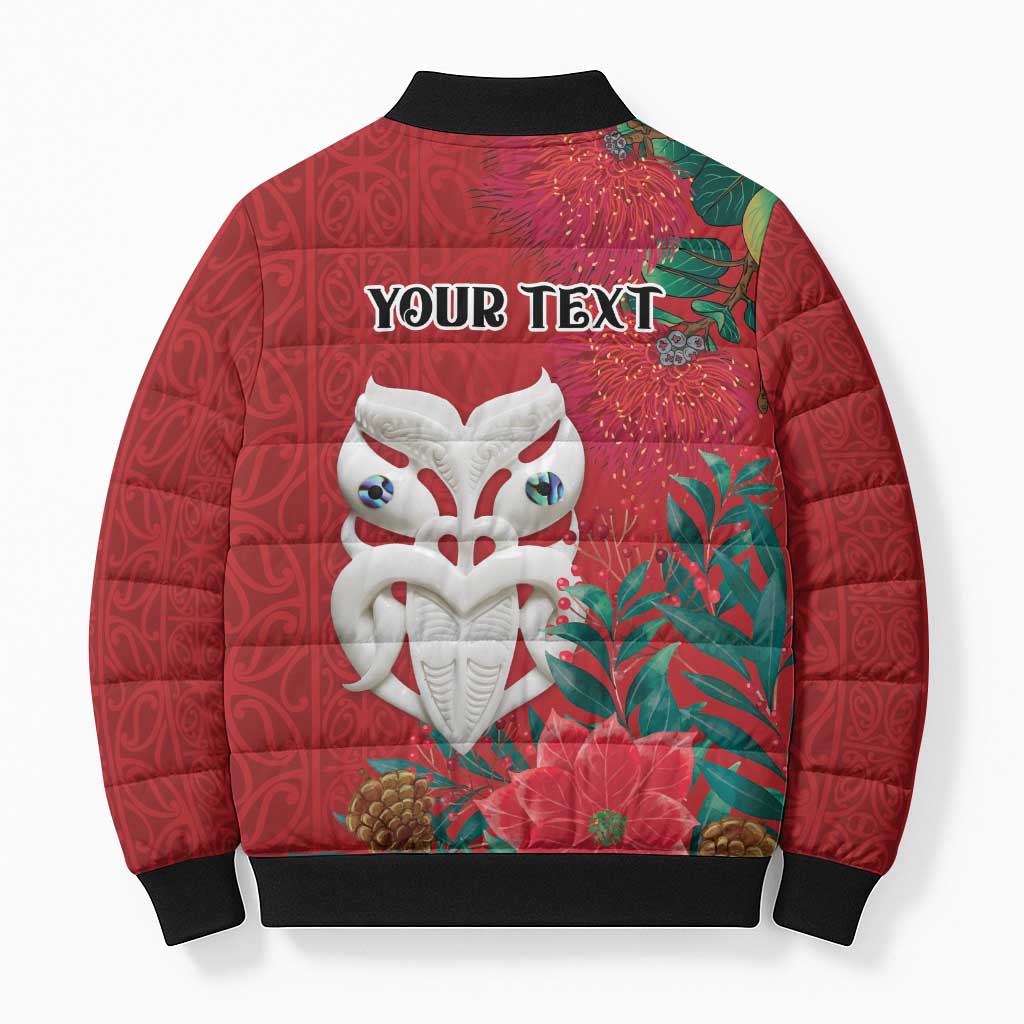 Maori Wheku Meri Kirihimete Personalised Bomber Puffer Jacket All Red Indigenous Maori Motif - Polynesian Pride