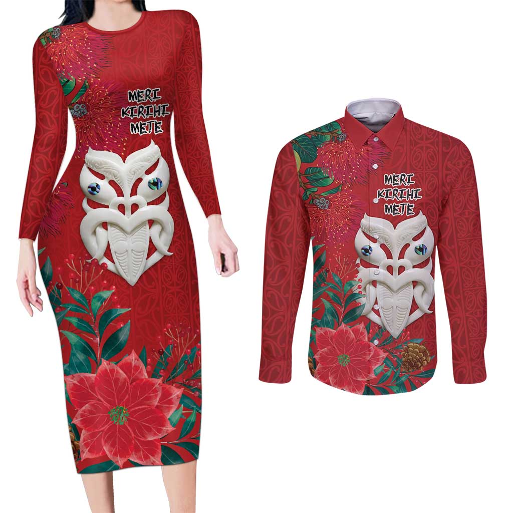 Maori Wheku Meri Kirihimete Personalised Couples Matching Long Sleeve Bodycon Dress and Long Sleeve Button Shirt All Red Indigenous Maori Motif LT9 Red - Polynesian Pride