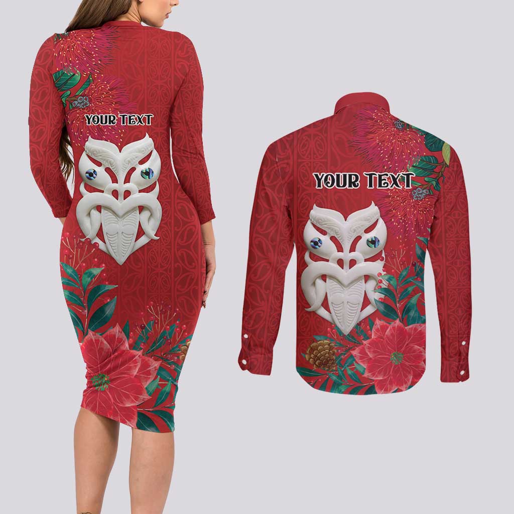 Maori Wheku Meri Kirihimete Personalised Couples Matching Long Sleeve Bodycon Dress and Long Sleeve Button Shirt All Red Indigenous Maori Motif LT9 - Polynesian Pride