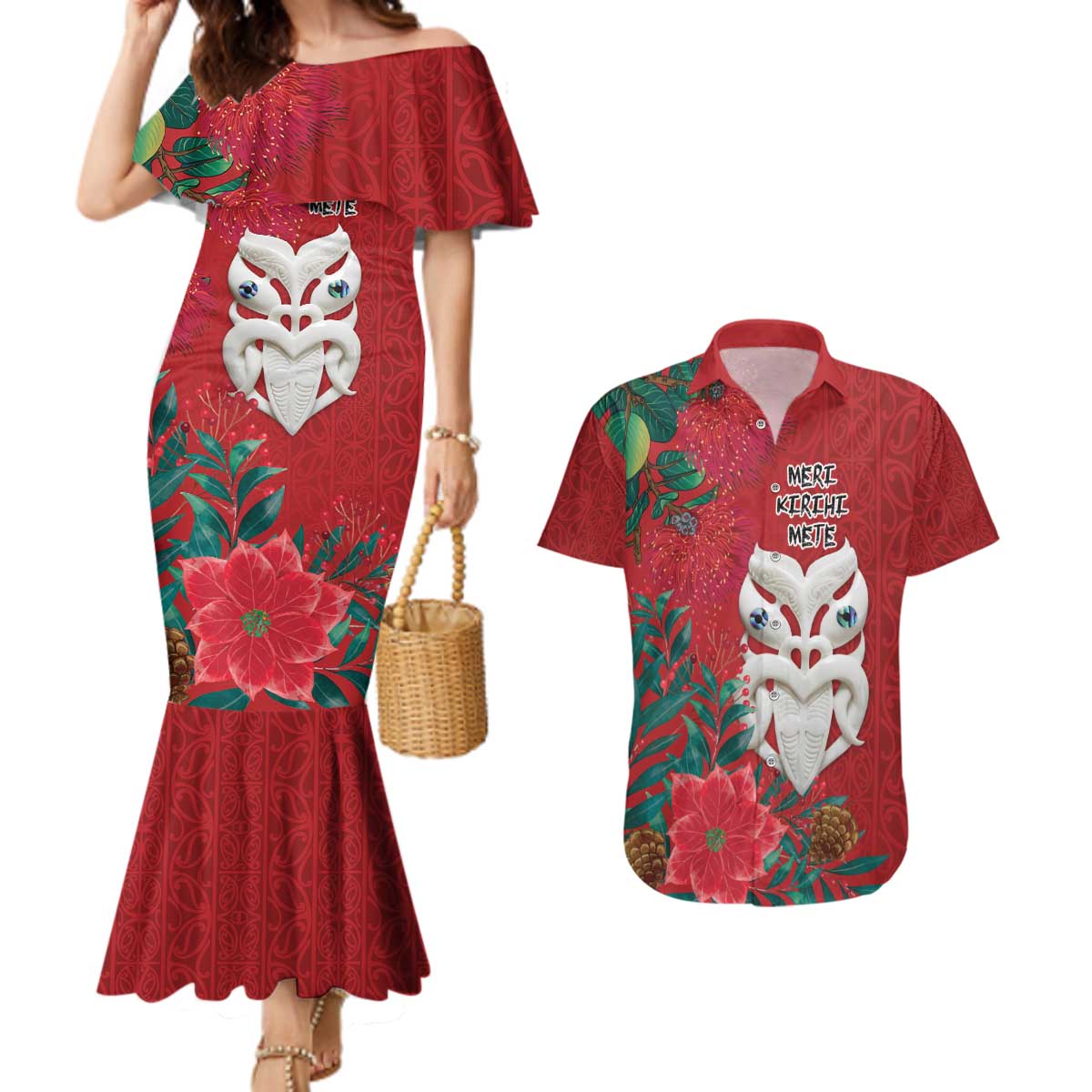 Maori Wheku Meri Kirihimete Personalised Couples Matching Mermaid Dress and Hawaiian Shirt All Red Indigenous Maori Motif LT9 Red - Polynesian Pride