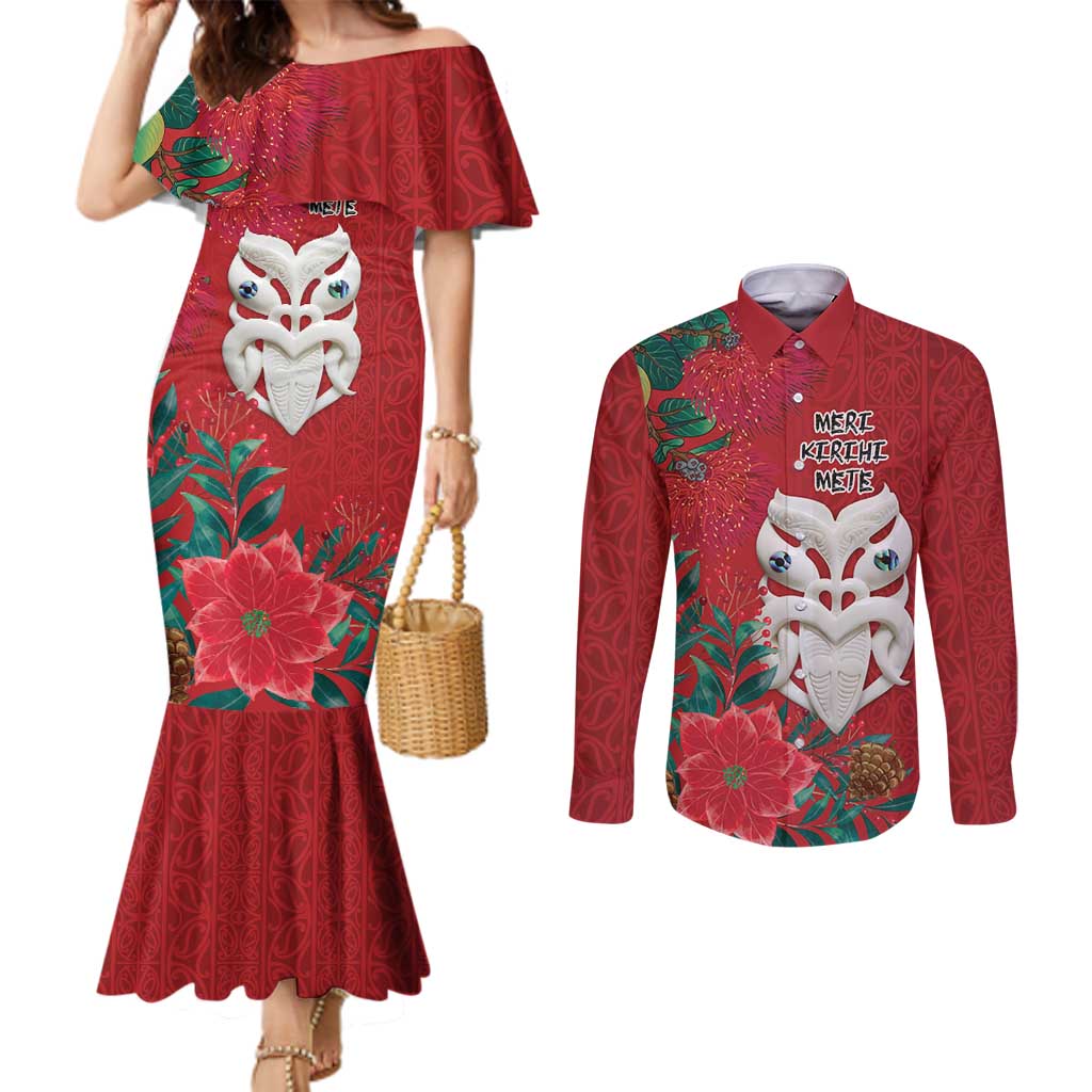 Maori Wheku Meri Kirihimete Personalised Couples Matching Mermaid Dress and Long Sleeve Button Shirt All Red Indigenous Maori Motif LT9 Red - Polynesian Pride