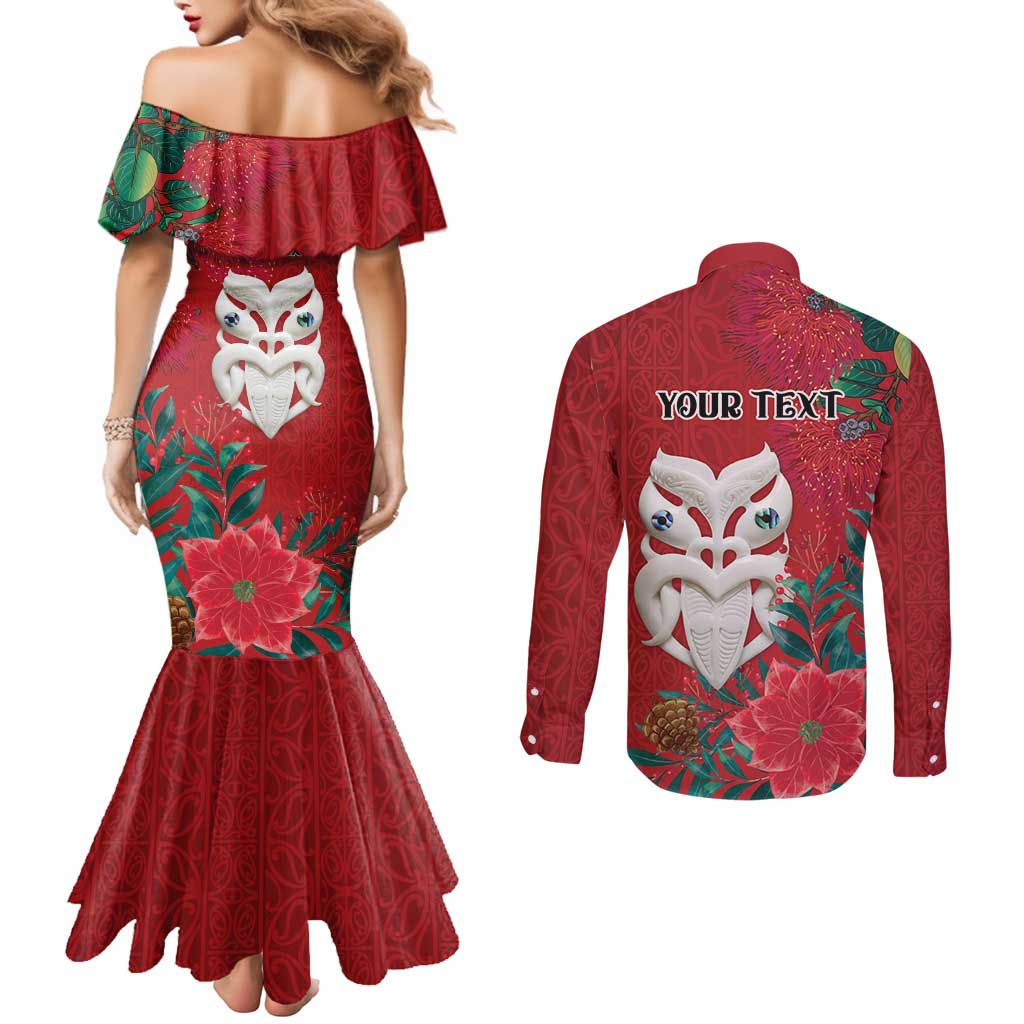 Maori Wheku Meri Kirihimete Personalised Couples Matching Mermaid Dress and Long Sleeve Button Shirt All Red Indigenous Maori Motif LT9 - Polynesian Pride