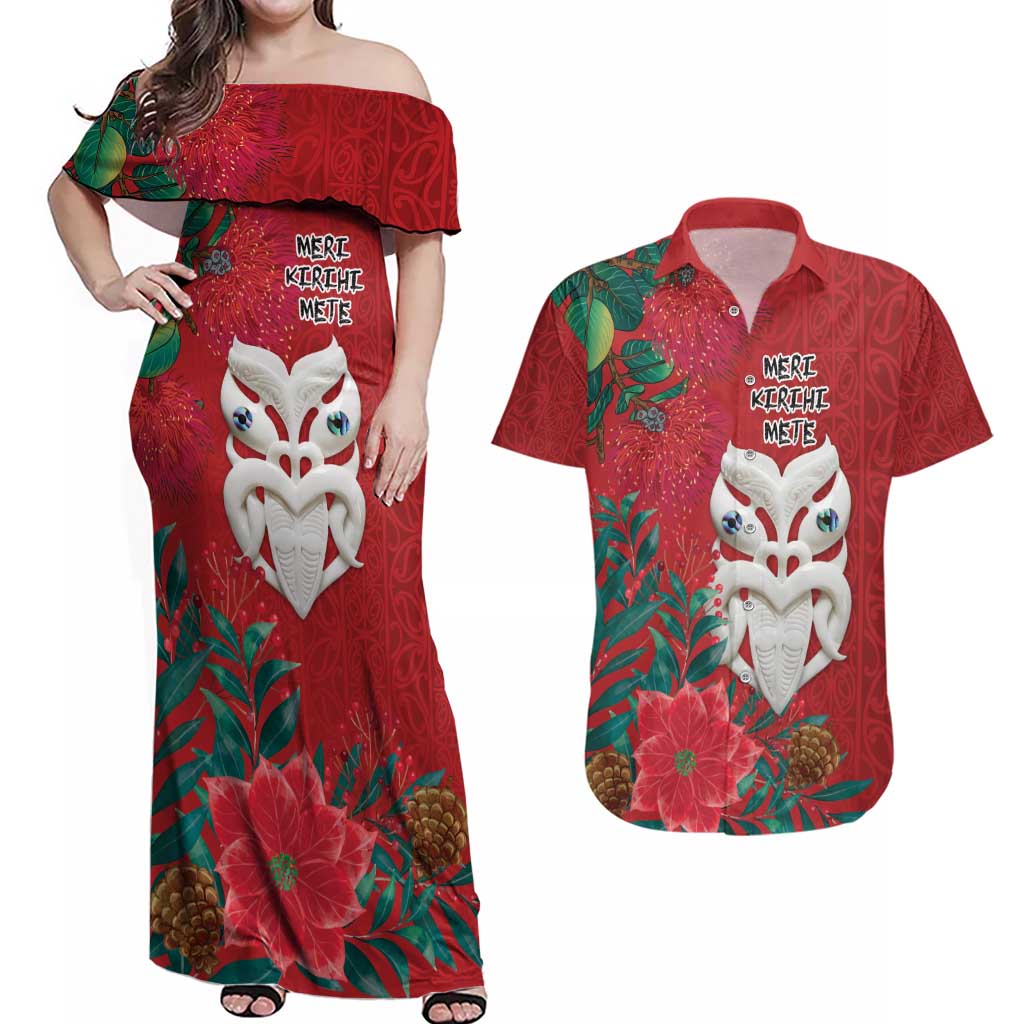 Maori Wheku Meri Kirihimete Personalised Couples Matching Off Shoulder Maxi Dress and Hawaiian Shirt All Red Indigenous Maori Motif LT9 Red - Polynesian Pride