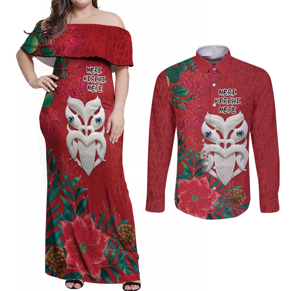 Maori Wheku Meri Kirihimete Personalised Couples Matching Off Shoulder Maxi Dress and Long Sleeve Button Shirt All Red Indigenous Maori Motif LT9 Red - Polynesian Pride