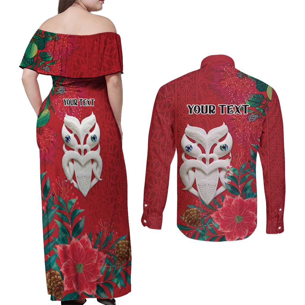 Maori Wheku Meri Kirihimete Personalised Couples Matching Off Shoulder Maxi Dress and Long Sleeve Button Shirt All Red Indigenous Maori Motif LT9 - Polynesian Pride