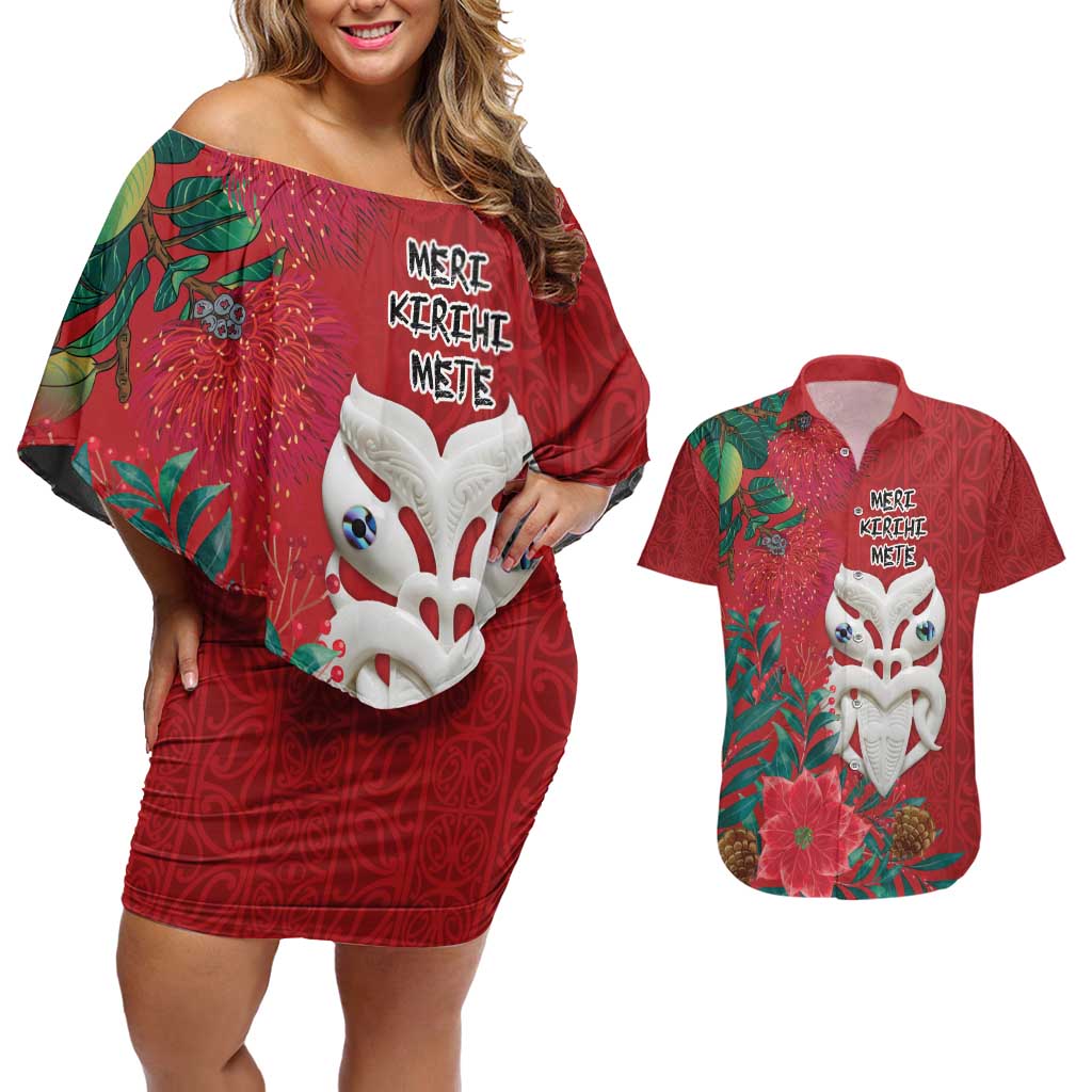 Maori Wheku Meri Kirihimete Personalised Couples Matching Off Shoulder Short Dress and Hawaiian Shirt All Red Indigenous Maori Motif LT9 Red - Polynesian Pride