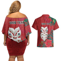 Maori Wheku Meri Kirihimete Personalised Couples Matching Off Shoulder Short Dress and Hawaiian Shirt All Red Indigenous Maori Motif LT9 - Polynesian Pride