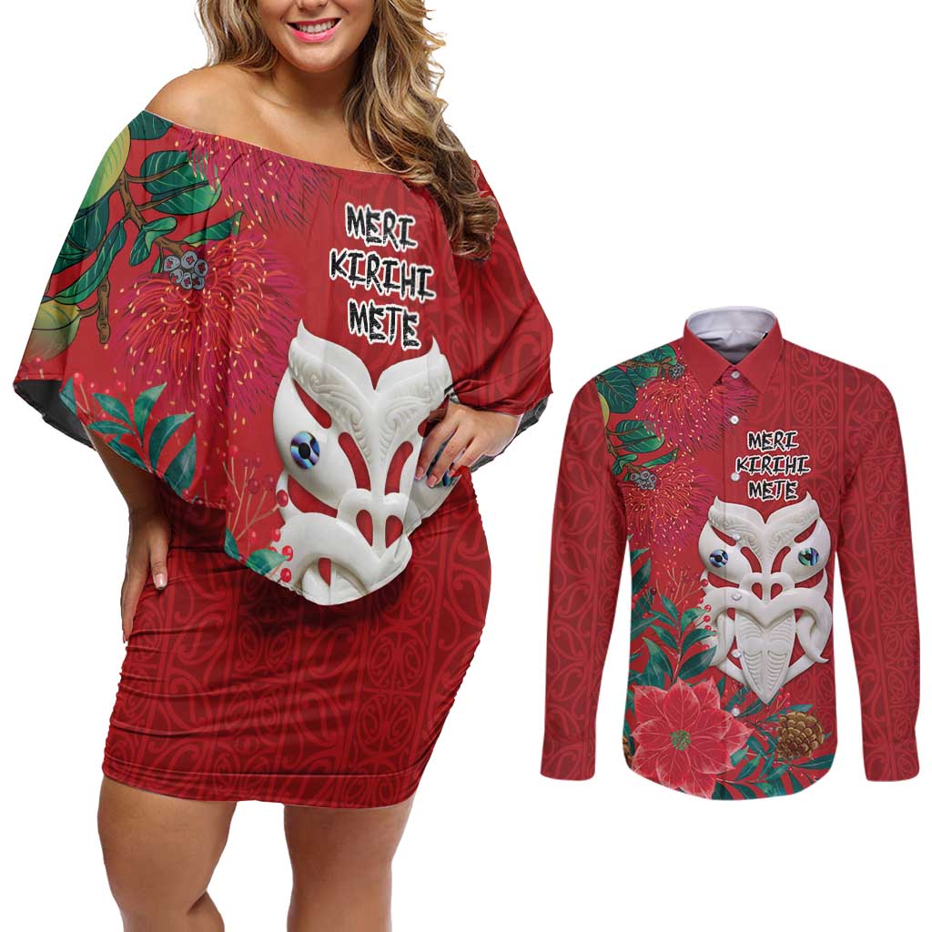 Maori Wheku Meri Kirihimete Personalised Couples Matching Off Shoulder Short Dress and Long Sleeve Button Shirt All Red Indigenous Maori Motif LT9 Red - Polynesian Pride