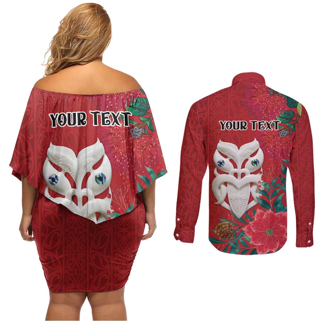 Maori Wheku Meri Kirihimete Personalised Couples Matching Off Shoulder Short Dress and Long Sleeve Button Shirt All Red Indigenous Maori Motif LT9 - Polynesian Pride