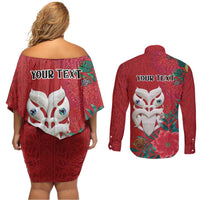 Maori Wheku Meri Kirihimete Personalised Couples Matching Off Shoulder Short Dress and Long Sleeve Button Shirt All Red Indigenous Maori Motif LT9 - Polynesian Pride
