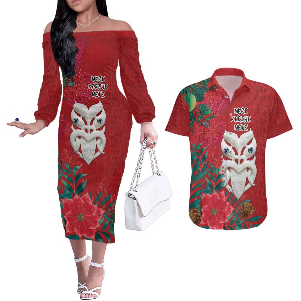 Maori Wheku Meri Kirihimete Personalised Couples Matching Off The Shoulder Long Sleeve Dress and Hawaiian Shirt All Red Indigenous Maori Motif LT9 Red - Polynesian Pride